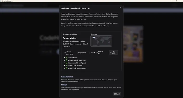 CodeHub Classroom's onboarding dialog, checking system prerequisites before first use